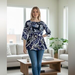 Emilio Pucci Blue and White Patterned Blouse With Tie